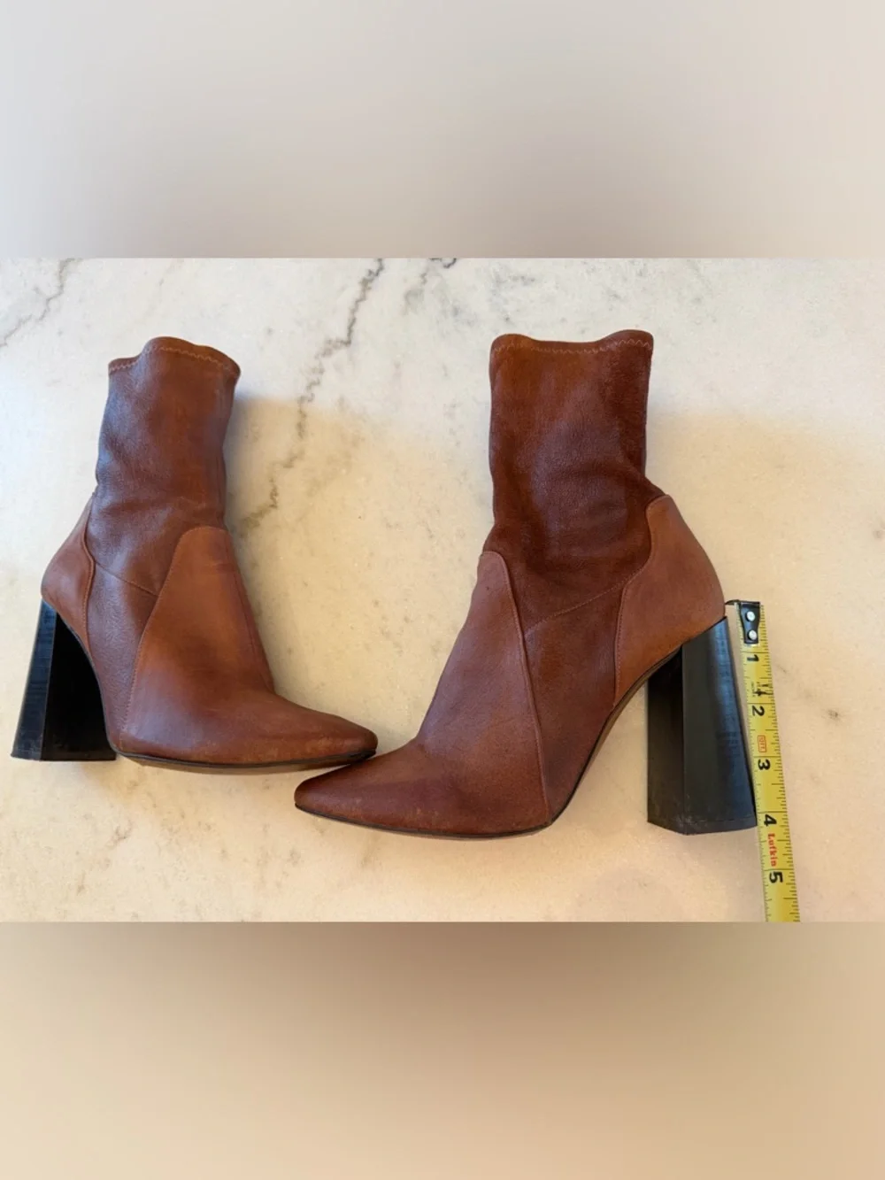 Brown Leather Ankle Boots Block Heel Pointed Toe Booties Chic Minimalist Style